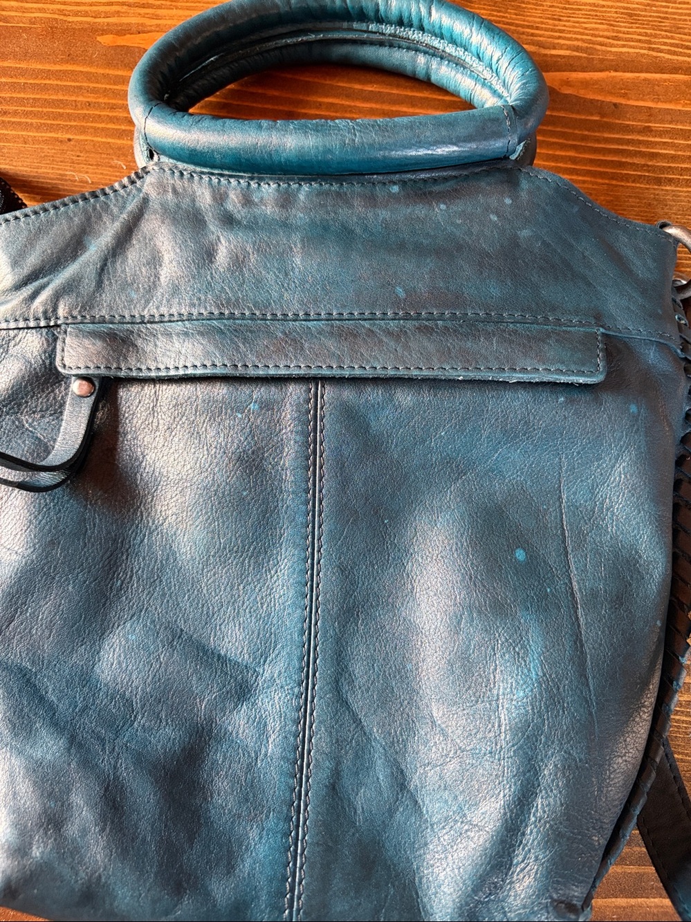 Vintage Latico Teal Leather Handbag Whipstitch Crossbody Tote Geometric Detail - Picture 6 of 17
